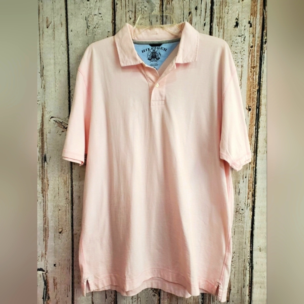 Tommy Hilfiger Pink White Striped Short Sleeve Rugby Polo Shirt Top XL